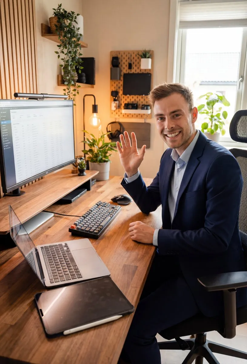 Christoffer Ohlsen — AI & Automation Specialist, arbejder ved skrivebord med AI-workflows og Next.js kode
